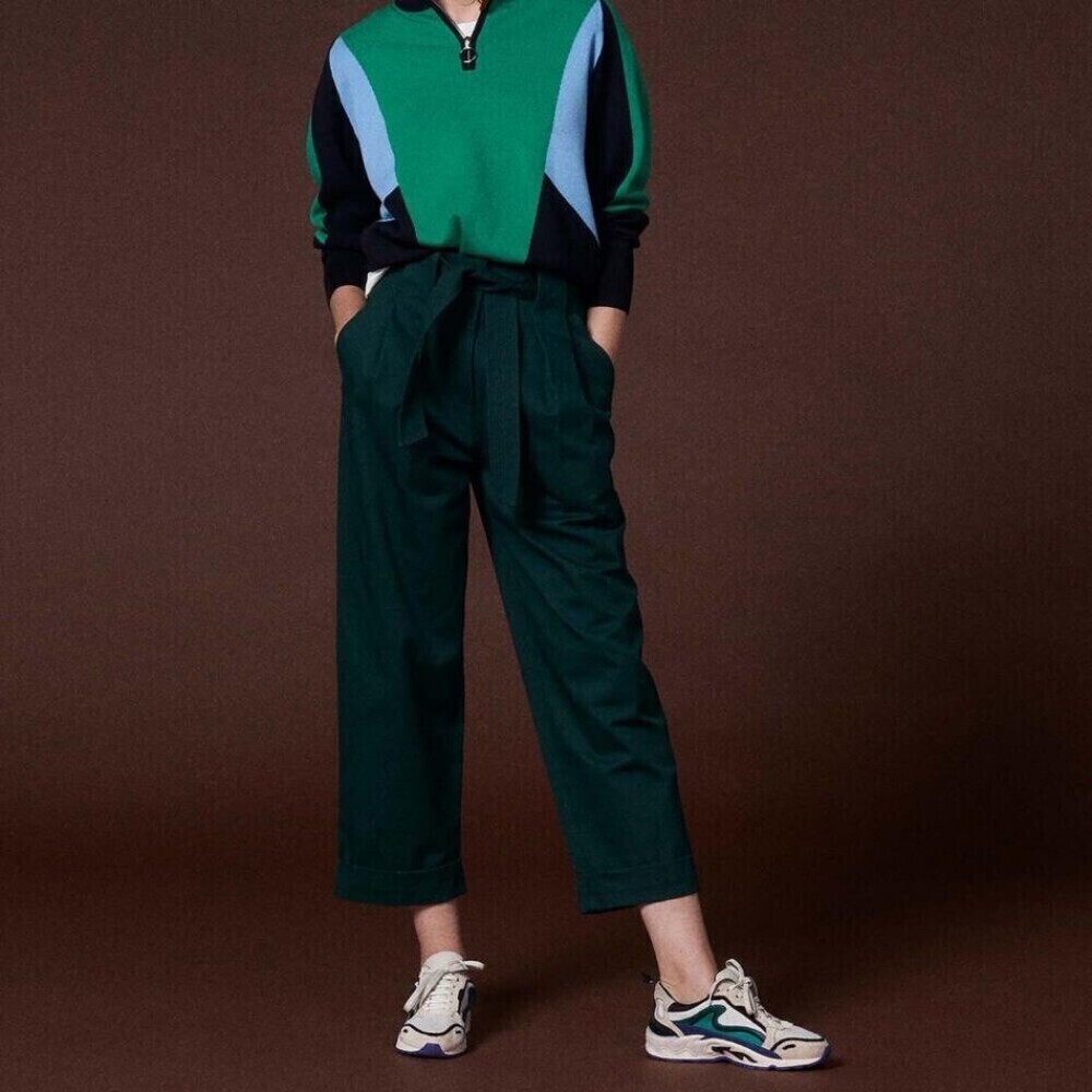 Sandro Women's 100% Cotton High Rise Belted Trousers In Green Size 36 $320